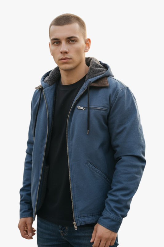 Man wearing a blue jacket with a hood on a white background