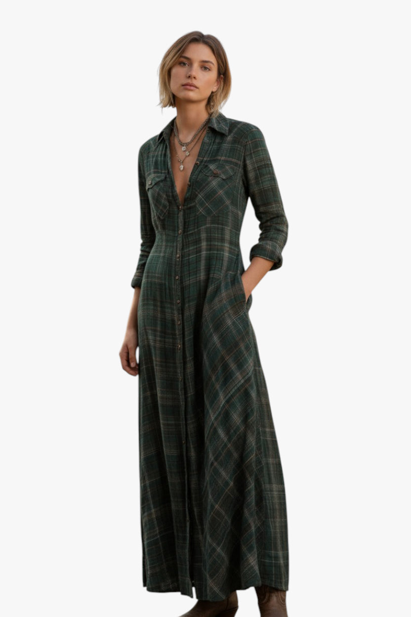 Woman wearing a green plaid dress on a white background