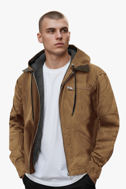 Man wearing a brown jacket with a hood on a white background