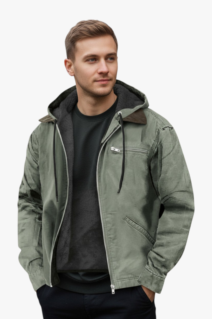Man wearing a green jacket with a hood on a white background