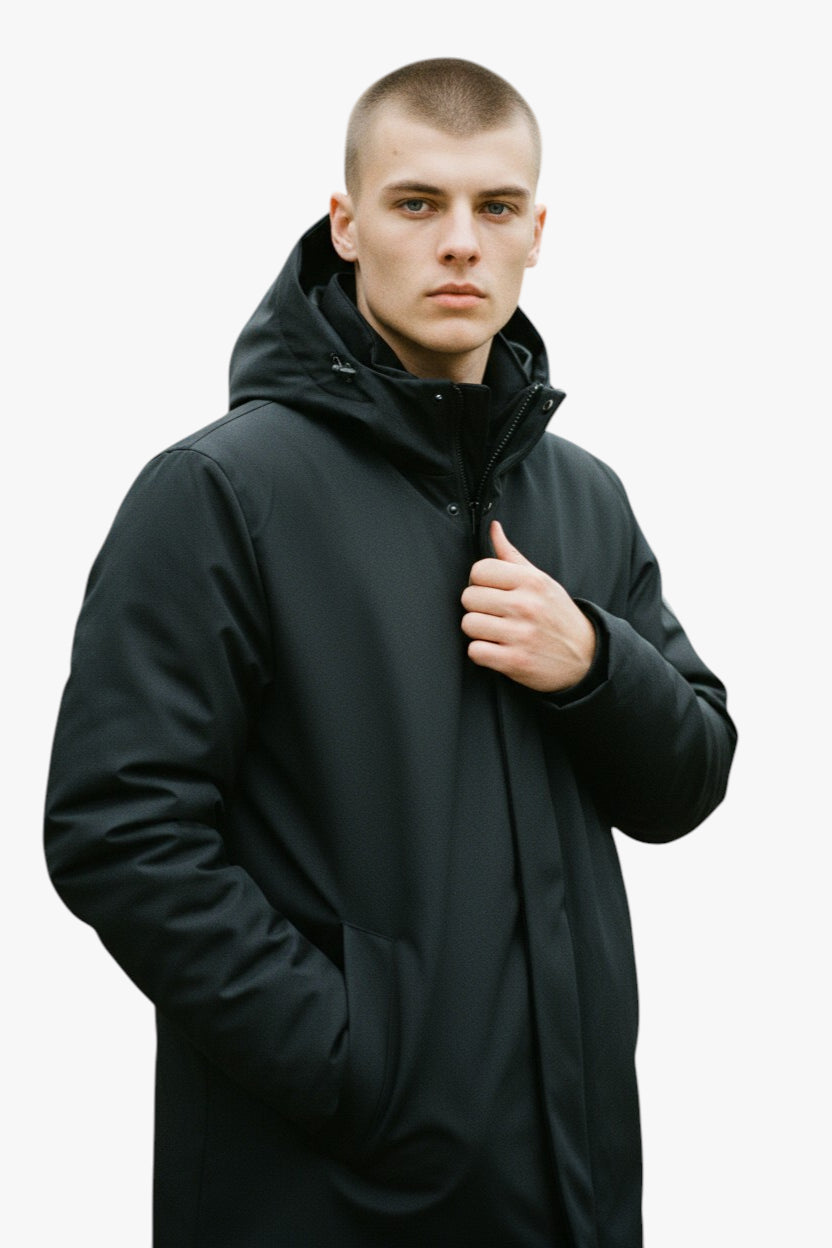Man wearing a black coat on a white background