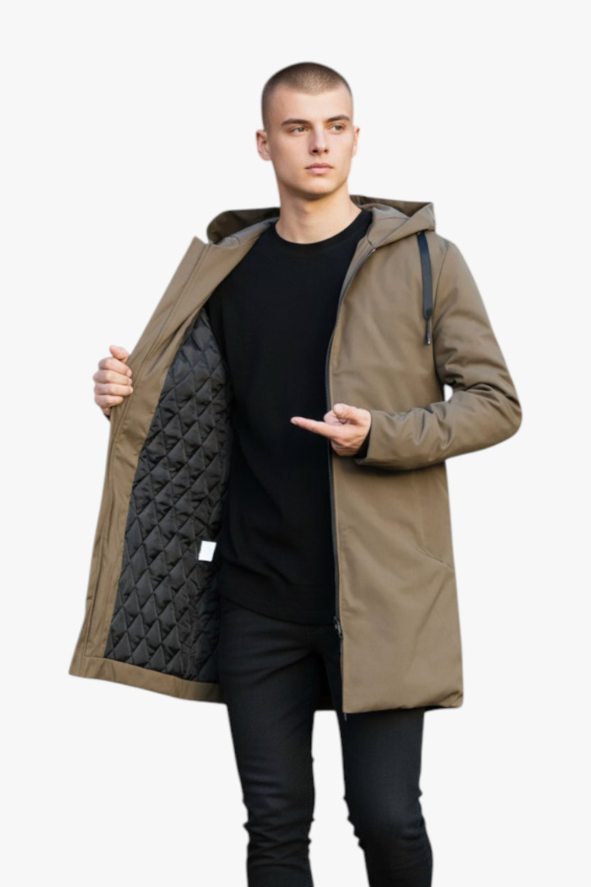 Man wearing a brown coat with a black quilted lining on a white background