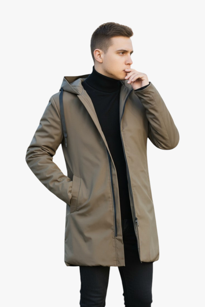 Man wearing a long beige coat on a white background