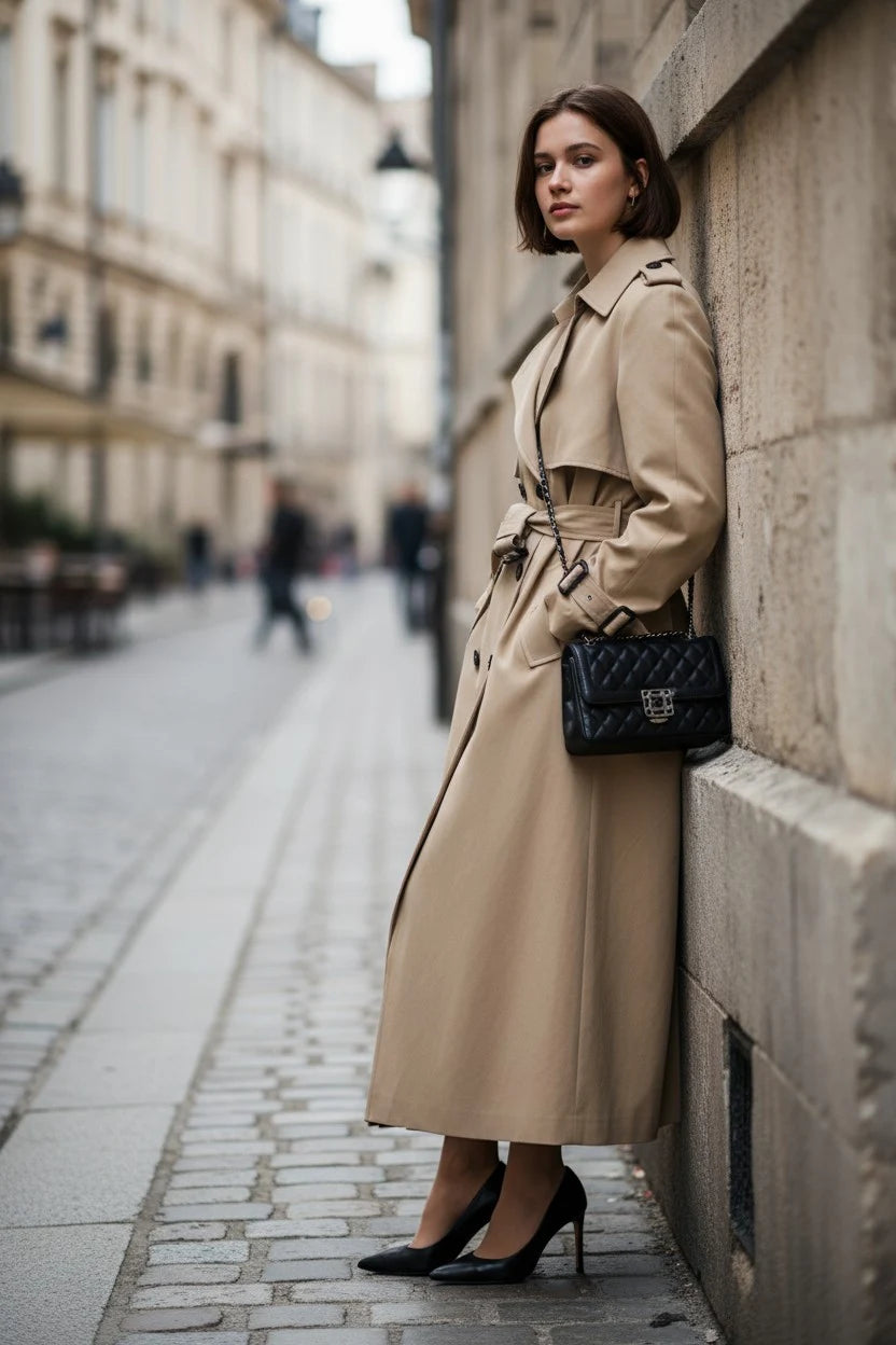 Woman in a beige trench coat standing on a city street.