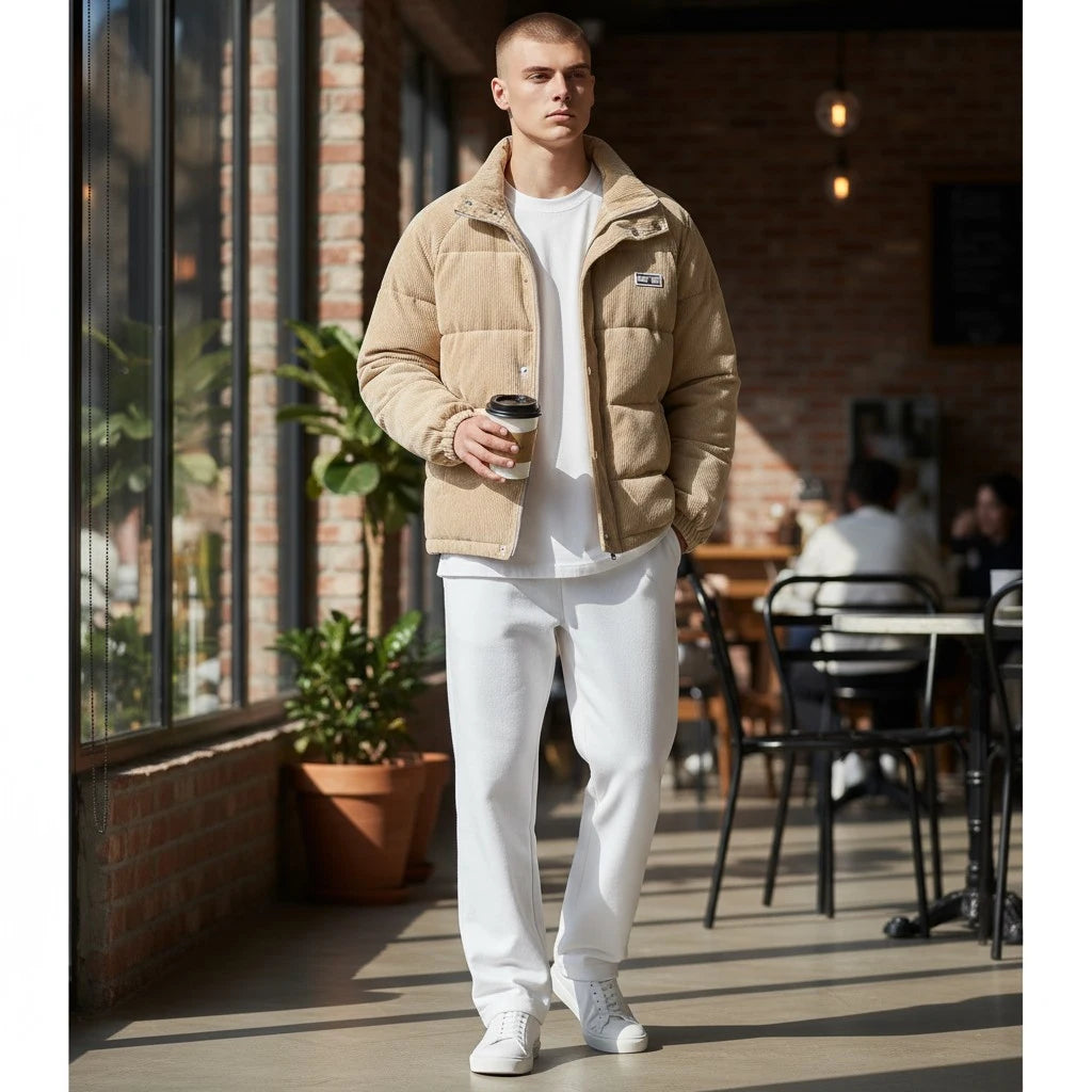 Man in beige puffer jacket and white pants holding a coffee cup, standing on a patio.