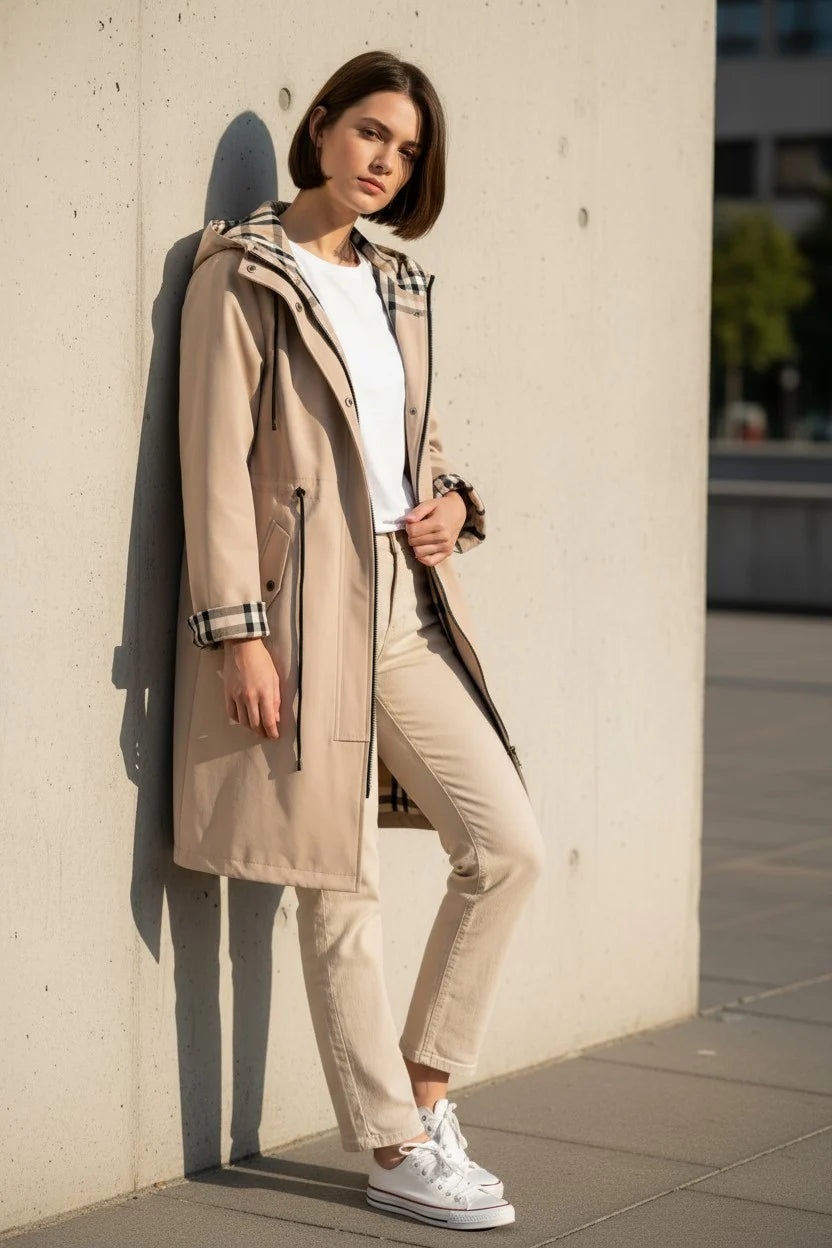 Woman wearing a beige trench coat and white sneakers against a light-colored wall.