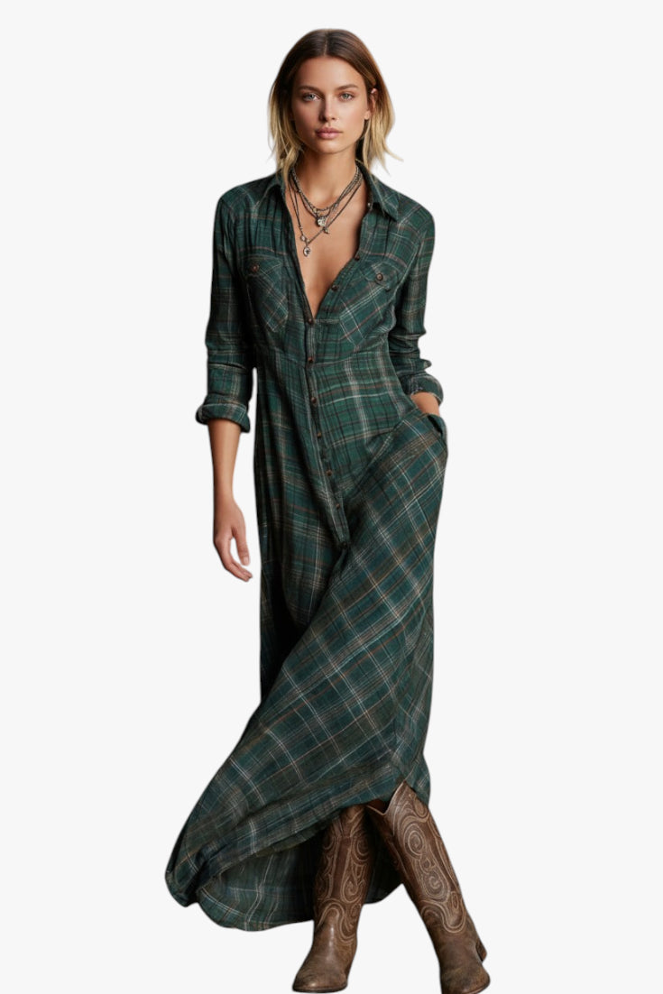 Woman wearing a green plaid dress with brown boots on a white background