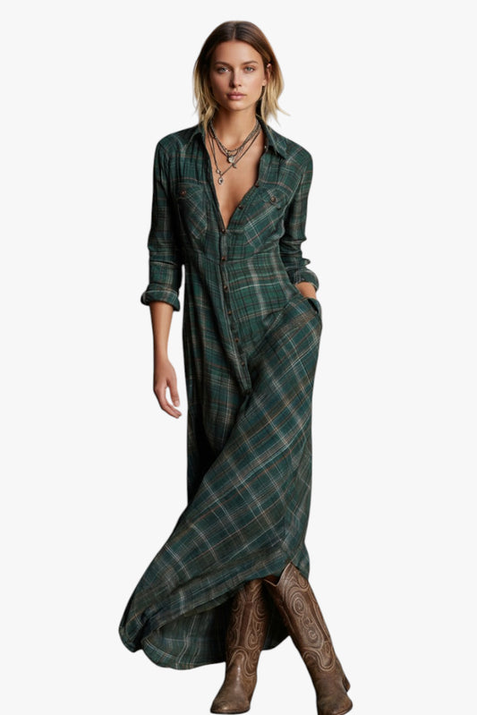 Woman wearing a green plaid dress with brown boots on a white background
